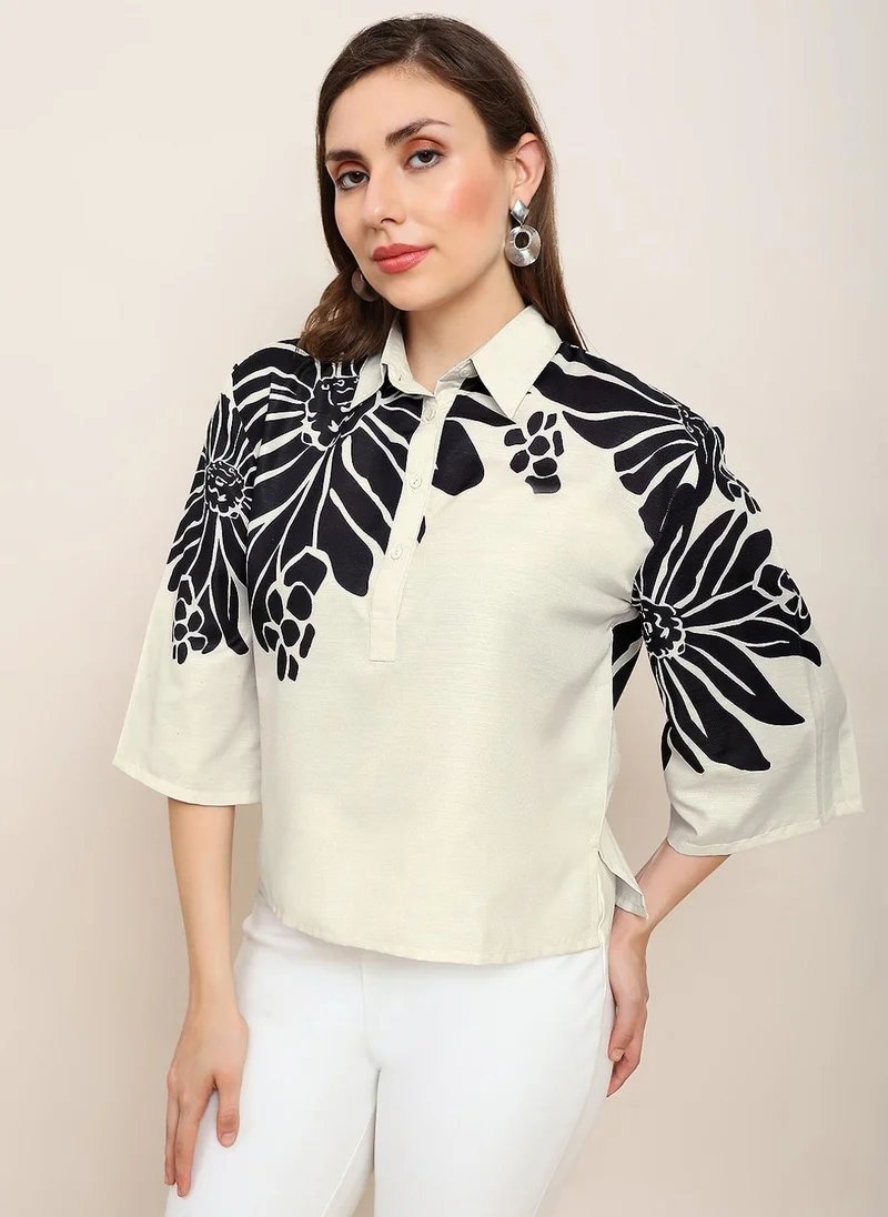 بلوزة نسائية بياقة مزينة بنقوش زهور، مناسبة للحفلات