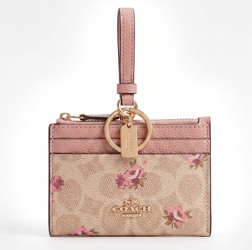 حافظة بطاقات بسحاب مزينة بنقوش زهرية وردية من كوتش حزام سلسلة من الجلد البيج