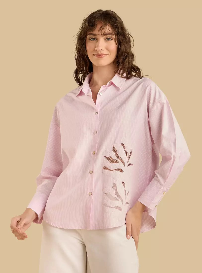 Loose striped poplin shirt with embellished details